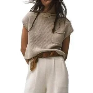 Lillusory White 100% Cotton Knit Crop Top Sweater with Pocket